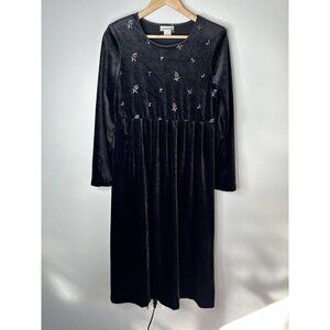Decades Vtg 90s Black Velvet Stretch Cottagecore Floral Embroidered Boho Dress 8